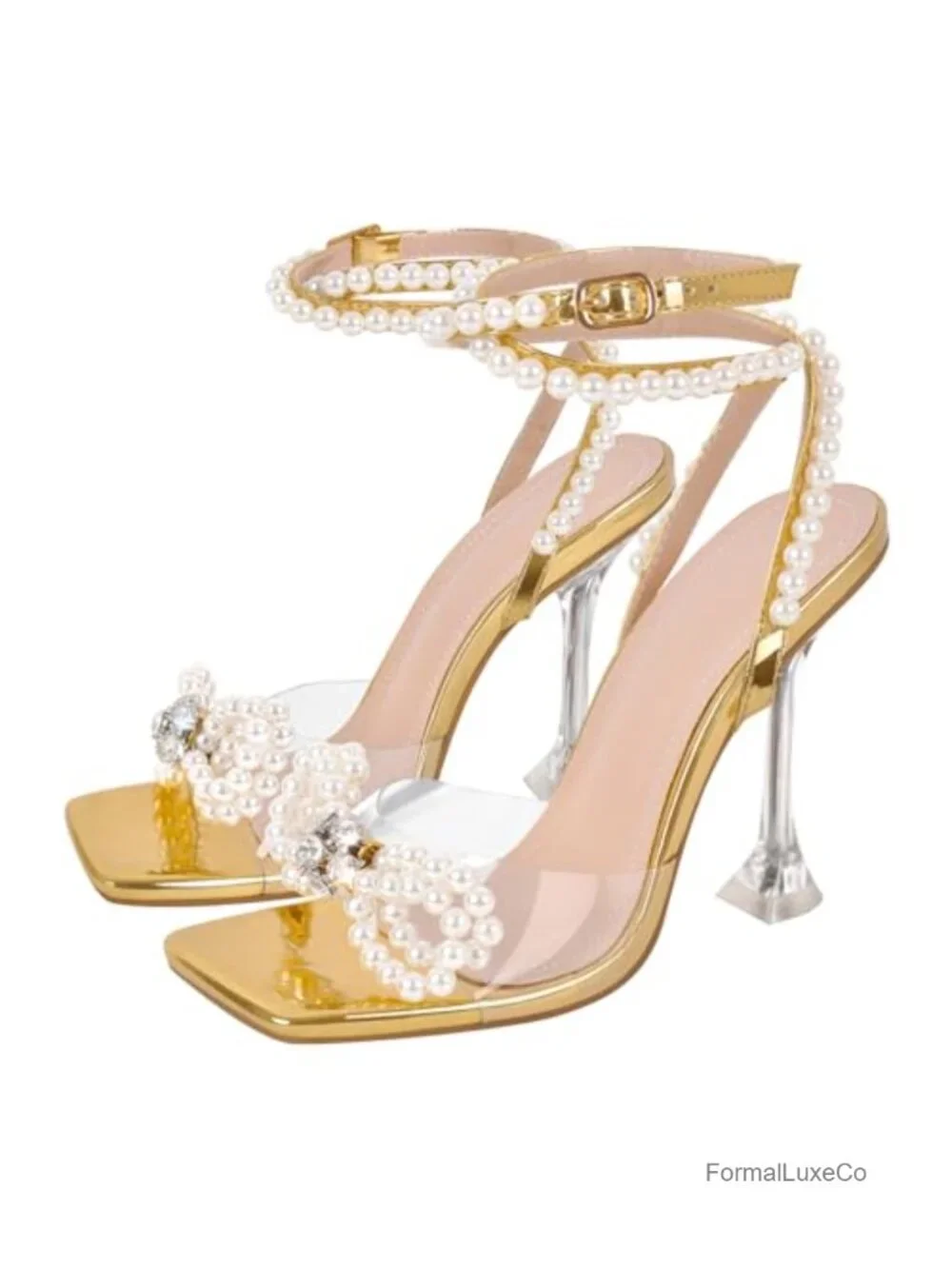 Rhinestone Bow Clear Stiletto Heels Open Toe Ankle Strap Sandals